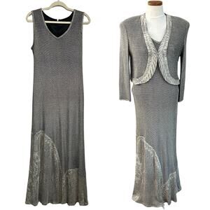 Vintage Damianou Metallic Crochet Maxi Dress Jacket Set L Silver Lurex 80s Retro